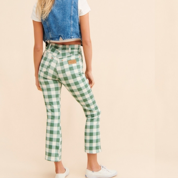 Wrangler Wrock 672 Gingham Kick Flare Green Plaid Checkered Pants Size 25" - Picture 2 of 13